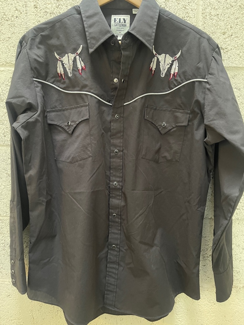 Ely Cattleman Black Western Shirt with Embroidered Steer Skulls